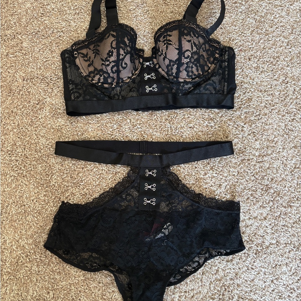 Adore Me Black Lace Underwire Bra and High-Waisted Brief Set